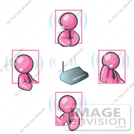 #37891 Clip Art Graphic of Pink Guy Characters Holding a Conference With Headsets by Jester Arts