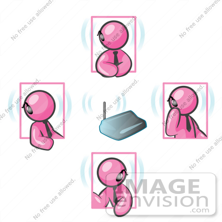 #37893 Clip Art Graphic of Pink Guy Characters With Bluetooth Headsets by Jester Arts