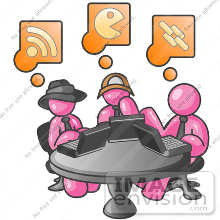 #37895 Clip Art Graphic of Pink Guy Characters Using Laptops in an Internet Cafe by Jester Arts
