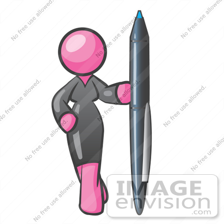 #37897 Clip Art Graphic of a Pink Lady Character Standing With a Pen by Jester Arts