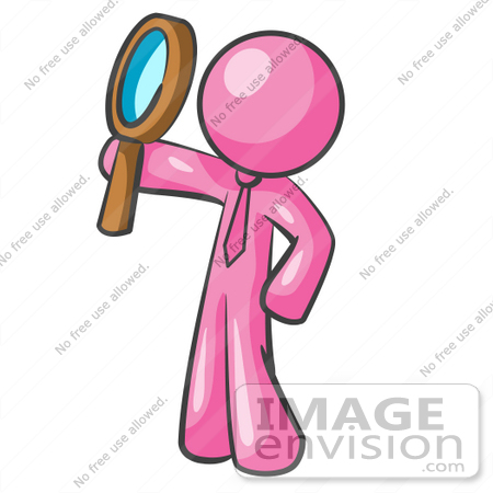 #37900 Clip Art Graphic of a Pink Guy Character Holding up a Magnifying Glass by Jester Arts