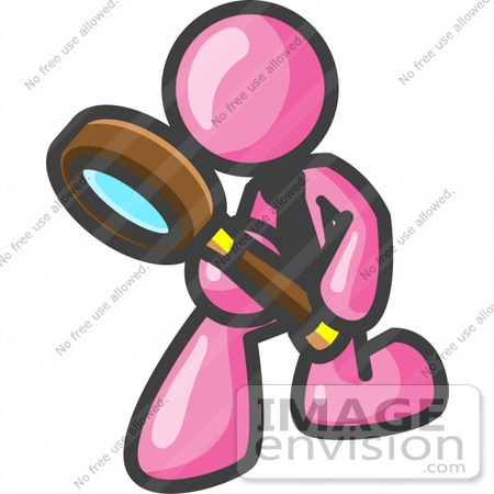 #37901 Clip Art Graphic of a Pink Guy Character Using a Magnifying Glass by Jester Arts