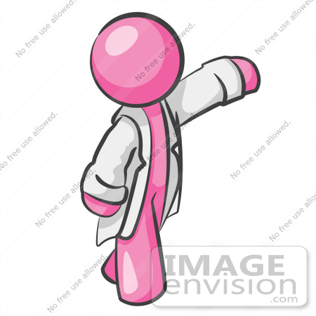 #37902 Clip Art Graphic of a Pink Guy Character in a Lab Coat, Pointing by Jester Arts