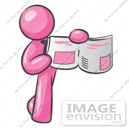 #37907 Clip Art Graphic of a Pink Guy Character Holding an Open Book by Jester Arts