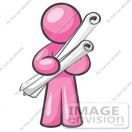 #37913 Clip Art Graphic of a Pink Guy Character Holding Scrolls by Jester Arts