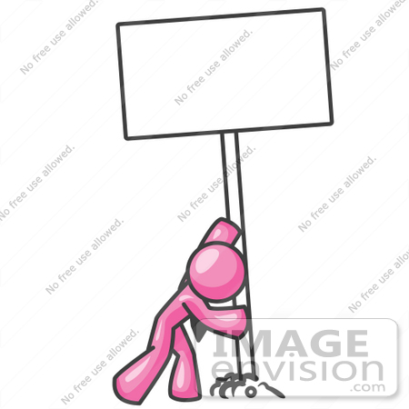 #37918 Clip Art Graphic of a Pink Guy Character Putting a Sign in the Ground by Jester Arts