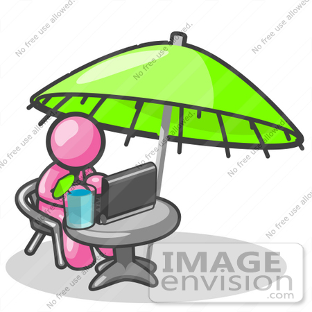 #37919 Clip Art Graphic of a Pink Guy Character Using a Laptop Under an Umbrella by Jester Arts