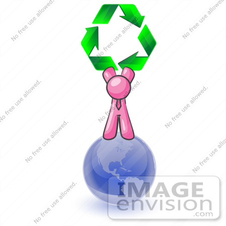 #37921 Clip Art Graphic of a Pink Guy Character on a Globe With Recycle Arrows by Jester Arts