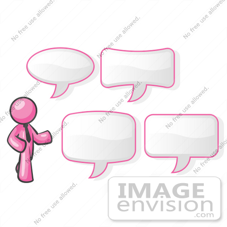 #37925 Clip Art Graphic of a Pink Guy Character With Text Balloons by Jester Arts