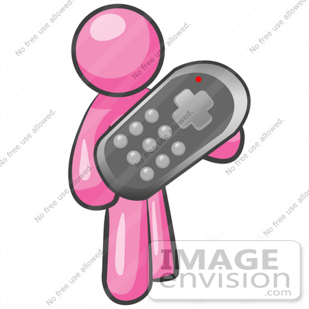 #37930 Clip Art Graphic of a Pink Guy Character Holding a Remote Control by Jester Arts