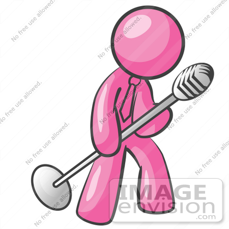 #37935 Clip Art Graphic of a Pink Guy Character Singing Into a Mic by Jester Arts