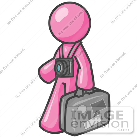 #37936 Clip Art Graphic of a Pink Guy Character Tourist With a Camera and Luggage by Jester Arts