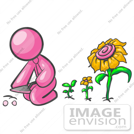 #37940 Clip Art Graphic of a Pink Guy Character Planting Sunflowers by Jester Arts