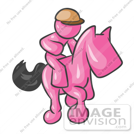#37942 Clip Art Graphic of a Pink Guy Character Jockey Racing a Horse by Jester Arts