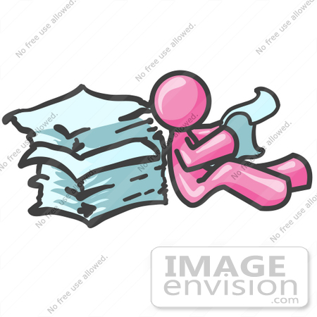 #37944 Clip Art Graphic of a Pink Guy Character Reading Papers by Jester Arts