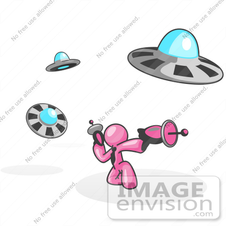 #37947 Clip Art Graphic of a Pink Guy Character Fighting UFOs by Jester Arts