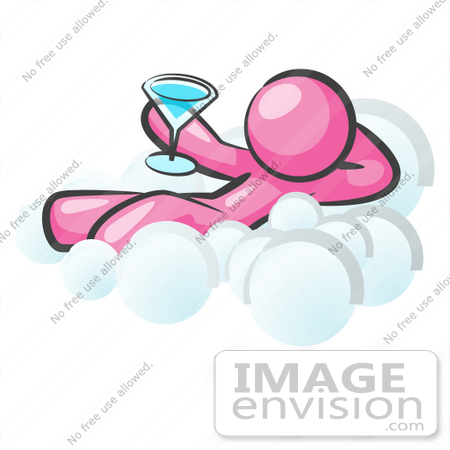 #37948 Clip Art Graphic of a Pink Guy Character Drinking a Cocktail on a Cloud by Jester Arts