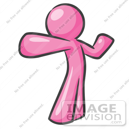 #37949 Clip Art Graphic of a Pink Guy Character Punching or Stretching by Jester Arts