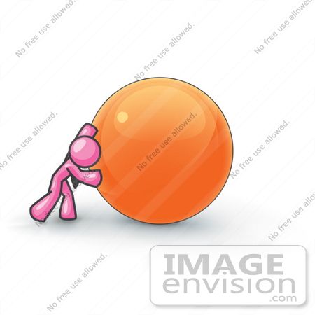 #37952 Clip Art Graphic of a Pink Guy Character Pushing an Orange Orb by Jester Arts