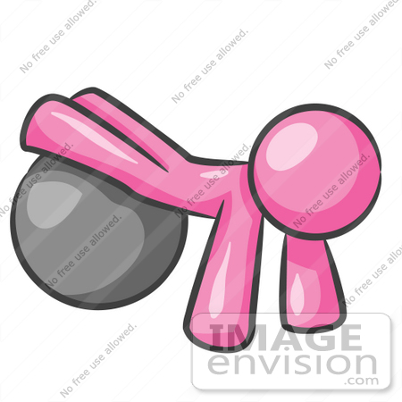 #37954 Clip Art Graphic of a Pink Guy Character Exercising With a Yoga Ball by Jester Arts