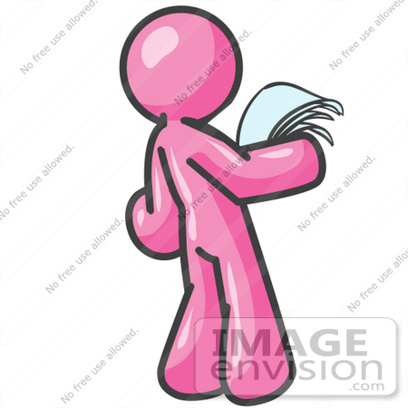 #37955 Clip Art Graphic of a Pink Guy Character Reading a Letter by Jester Arts