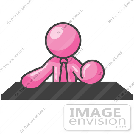#37956 Clip Art Graphic of a Pink Guy Character Sitting at a Desk by Jester Arts