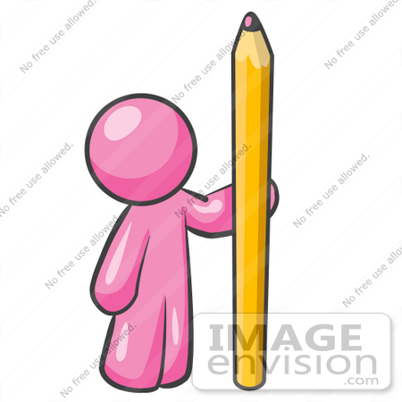 #37957 Clip Art Graphic of a Pink Guy Character Standing With a Pencil by Jester Arts