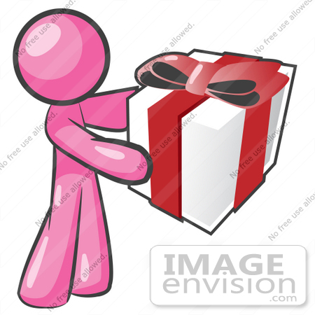#37958 Clip Art Graphic of a Pink Guy Character Holding a Gift by Jester Arts
