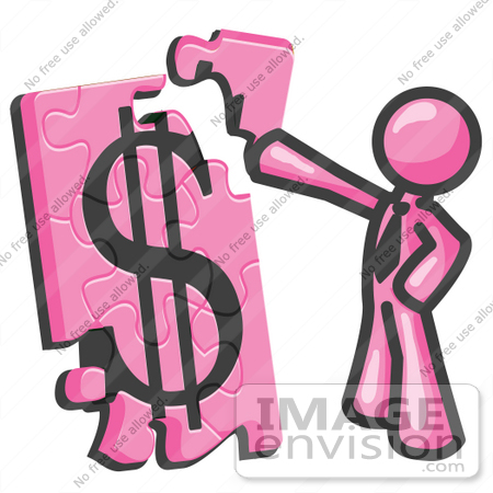 #37961 Clip Art Graphic of a Pink Guy Character Assembling a Financial Puzzle by Jester Arts