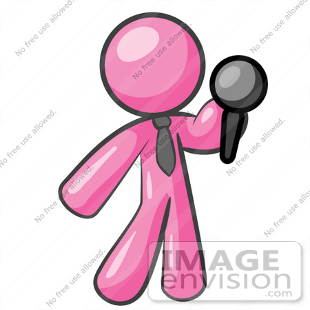 #37963 Clip Art Graphic of a Pink Guy Character Holding a Microphone by Jester Arts