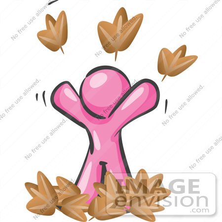 #37965 Clip Art Graphic of a Pink Guy Character Playing in Leaves by Jester Arts