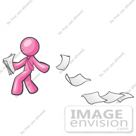 #37968 Clip Art Graphic of a Pink Guy Character Dropping Papers by Jester Arts