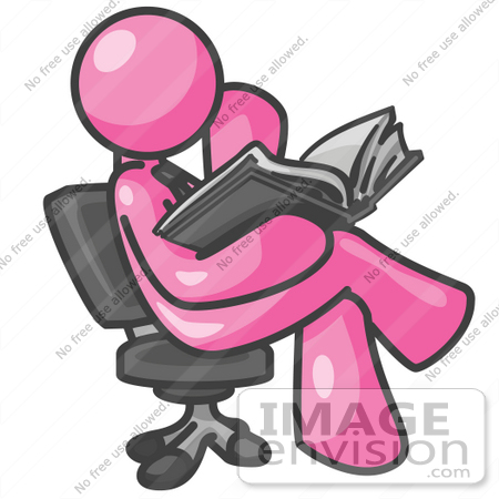 #37974 Clip Art Graphic of a Pink Guy Character Sitting and Reading by Jester Arts