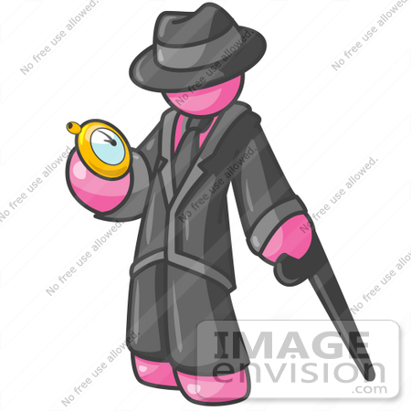 #37976 Clip Art Graphic of a Pink Guy Character With a Cane, Looking at a Pocket Watch by Jester Arts