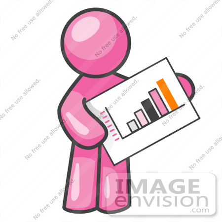 #37977 Clip Art Graphic of a Pink Guy Character Holding a Printed Bar Graph by Jester Arts