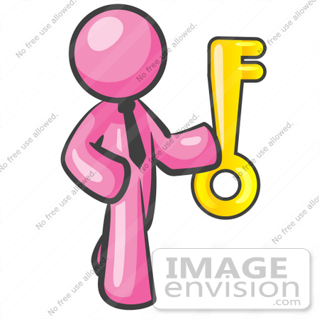 #37979 Clip Art Graphic of a Pink Guy Character Holding a Key by Jester Arts