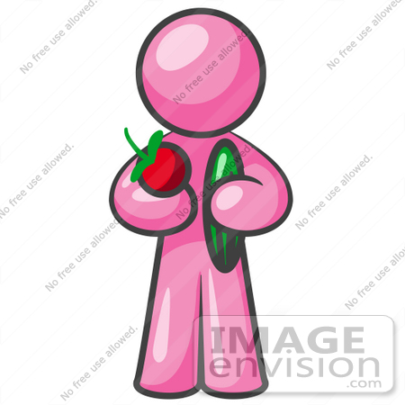 #37983 Clip Art Graphic of a Pink Guy Character Holding Veggies by Jester Arts