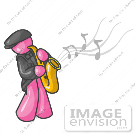 #37987 Clip Art Graphic of a Pink Guy Character Playing a Sax by Jester Arts
