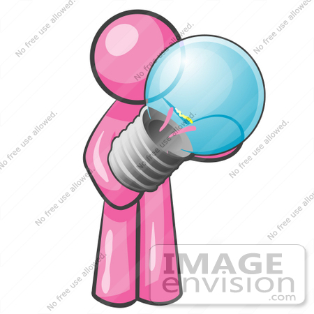 #37988 Clip Art Graphic of a Pink Guy Character Holding a Light Bulb by Jester Arts
