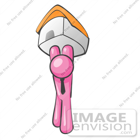 #37989 Clip Art Graphic of a Pink Guy Character Holding up a House by Jester Arts