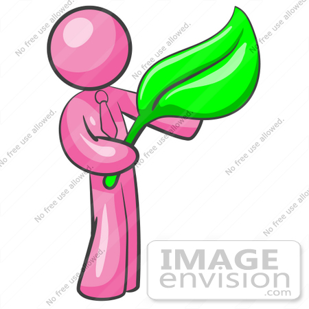 #37990 Clip Art Graphic of a Pink Guy Character Holding a Green Leaf by Jester Arts