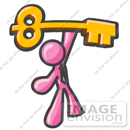 #37991 Clip Art Graphic of a Pink Guy Character Holding up a Skeleton Key by Jester Arts