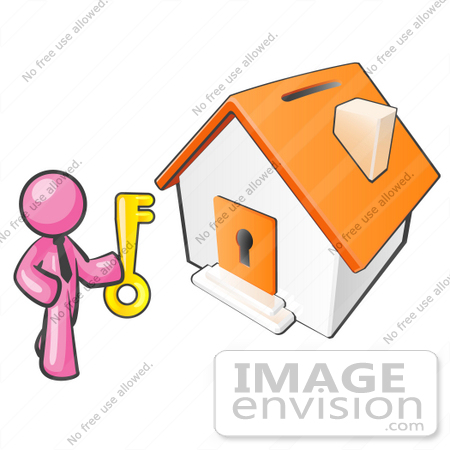 #37992 Clip Art Graphic of a Pink Guy Character Holding the Key to a House by Jester Arts