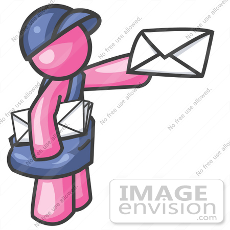 #37993 Clip Art Graphic of a Pink Guy Character Delivering Mail by Jester Arts