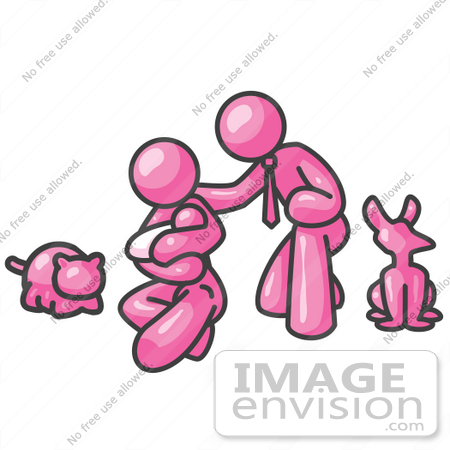 #37997 Clip Art Graphic of a Pink Guy Character Family and Pets by Jester Arts