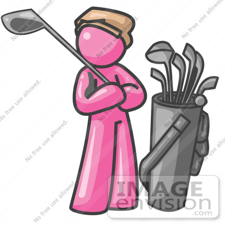#38000 Clip Art Graphic of a Pink Guy Character Golfing by Jester Arts
