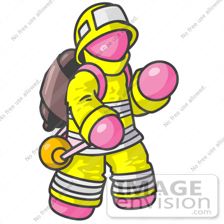 #38001 Clip Art Graphic of a Pink Guy Character Fireman by Jester Arts
