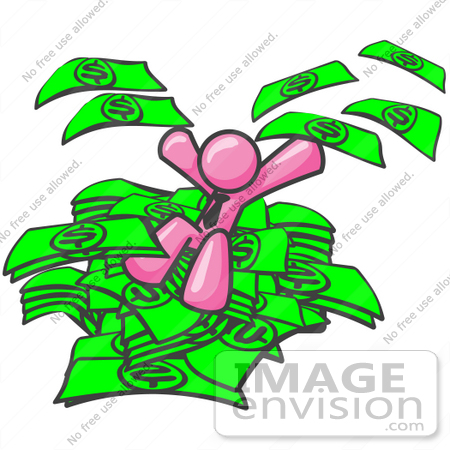 #38011 Clip Art Graphic of a Pink Guy Character Jumping Into a Pile of Cash by Jester Arts