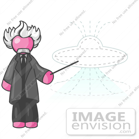 #38013 Clip Art Graphic of a Pink Guy Character As Einstein, Pointing to a UFO by Jester Arts