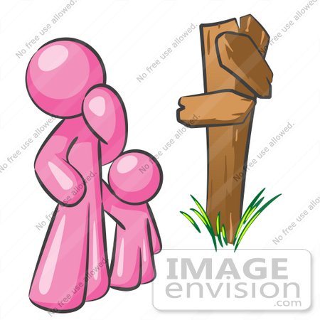 #38015 Clip Art Graphic of a Pink Guy Character and Child at a Crossroads by Jester Arts